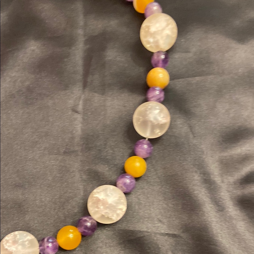 Purple and Yellow Statement Necklace with Iridescent Beads - Picture 6 of 10